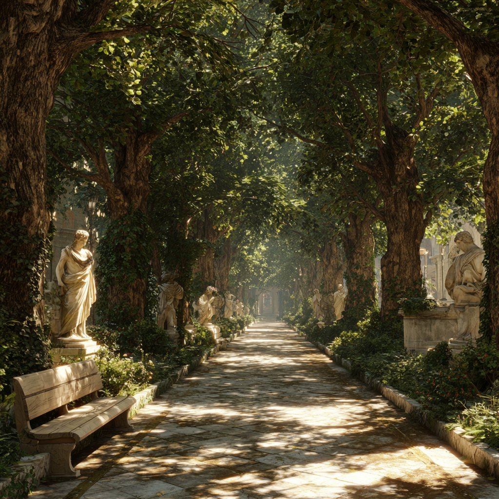 Xystus romain — allée bordée d'arbres et de statues